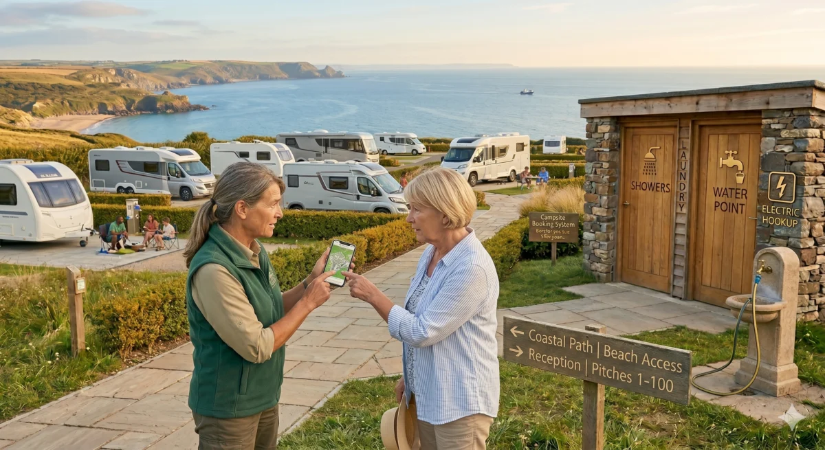 Campsite booking system promotional image showing booking interface on mobile