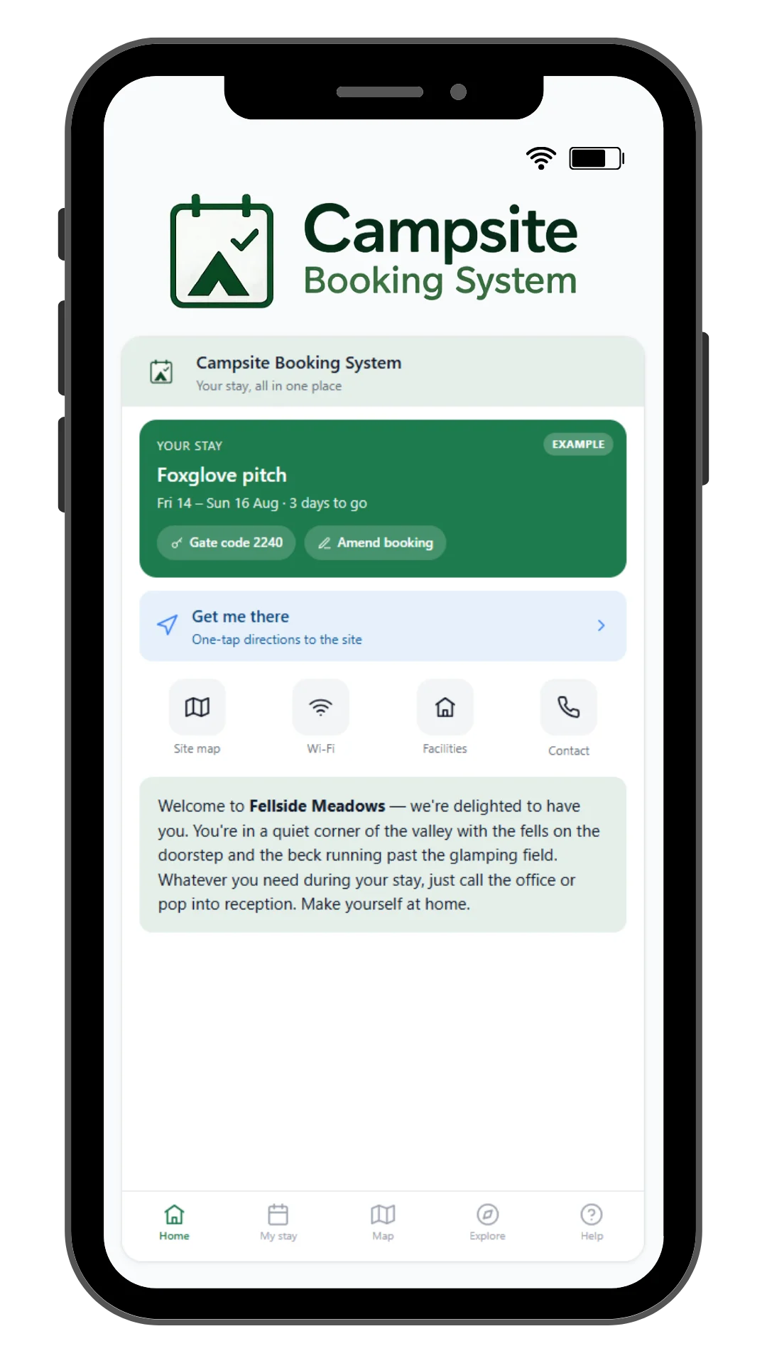 Campsite Booking System guest portal on a phone, showing a booking with gate code, directions and welcome message