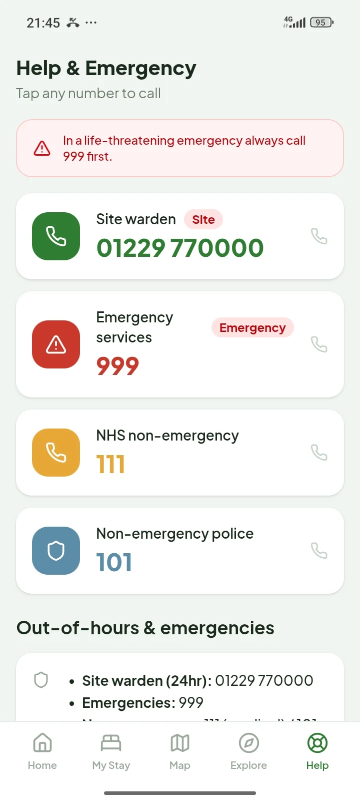Emergency Numbers page on the Guest App
