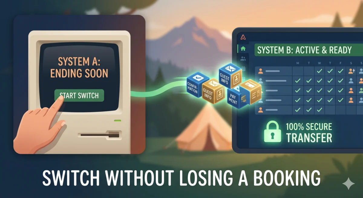 Illustration of switching campsite booking systems, with bookings transferring securely from an old system to a new one without data loss