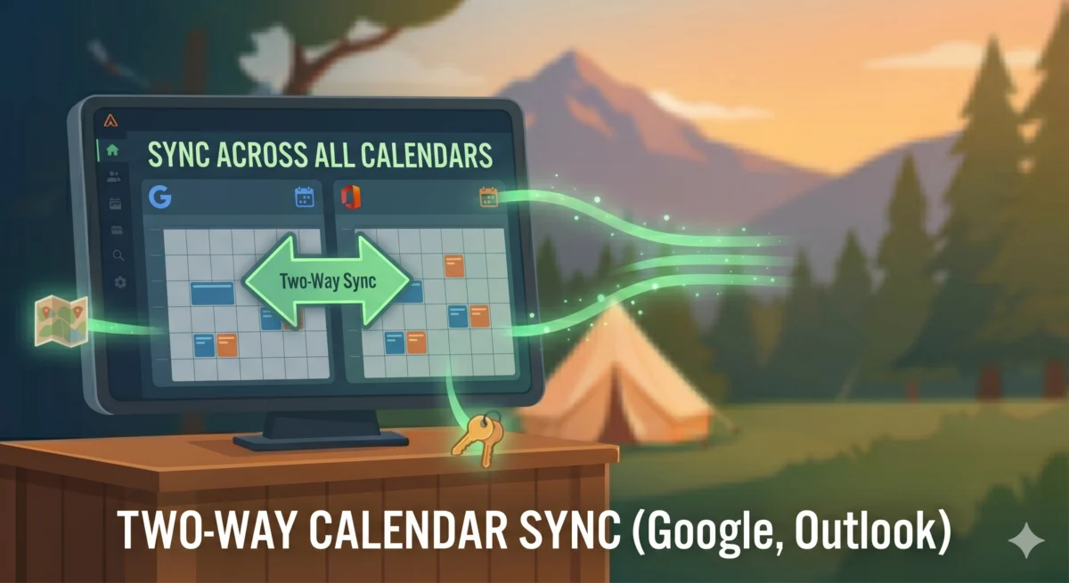 Illustration of two-way calendar sync between a campsite booking system and Google and Outlook calendars