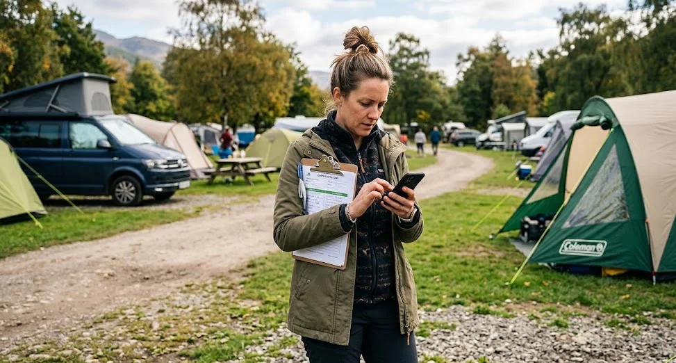 Campsite warden using a phone and clipboard to manage bookings
