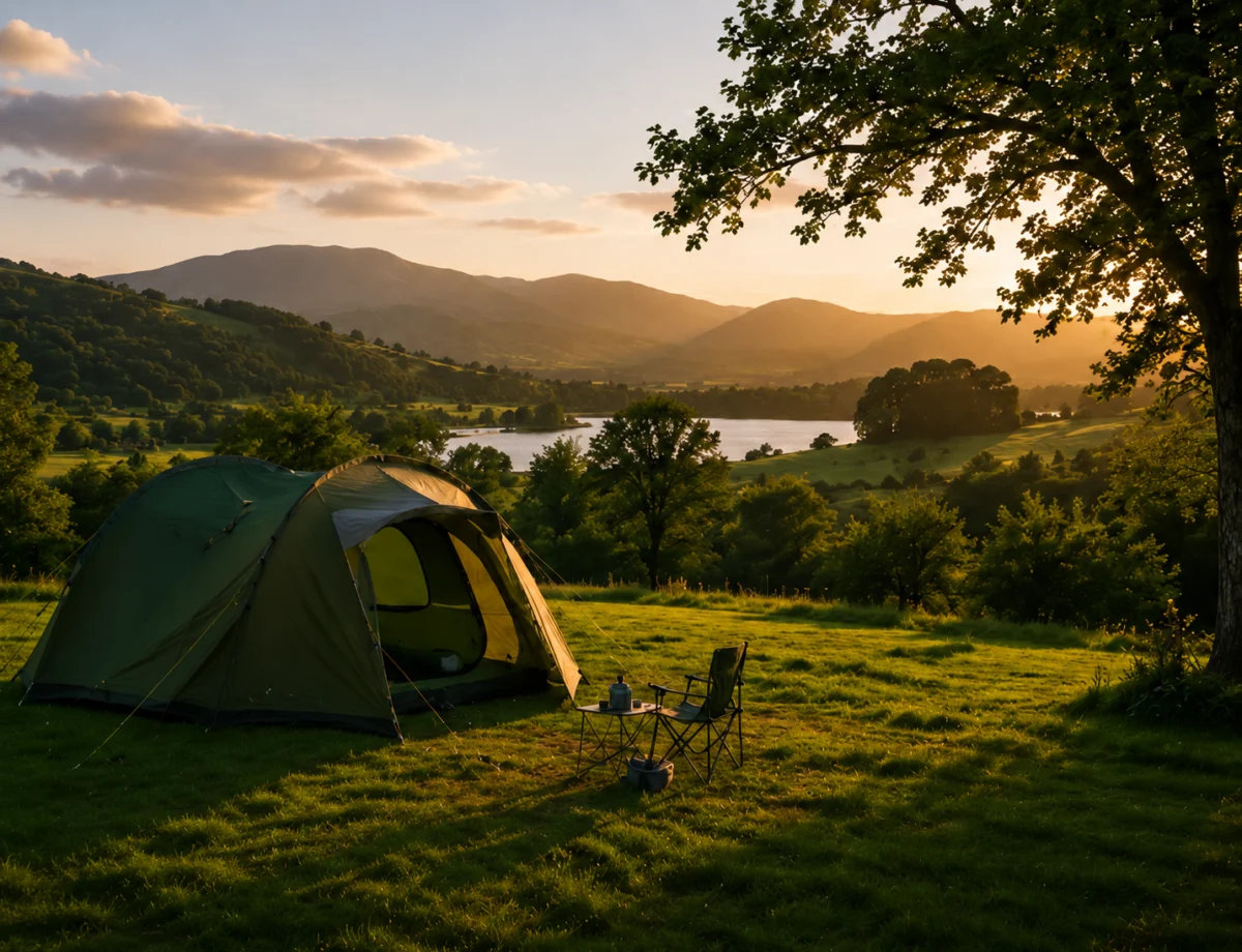 Green dome tent pitched under a tree beside a lake at dusk