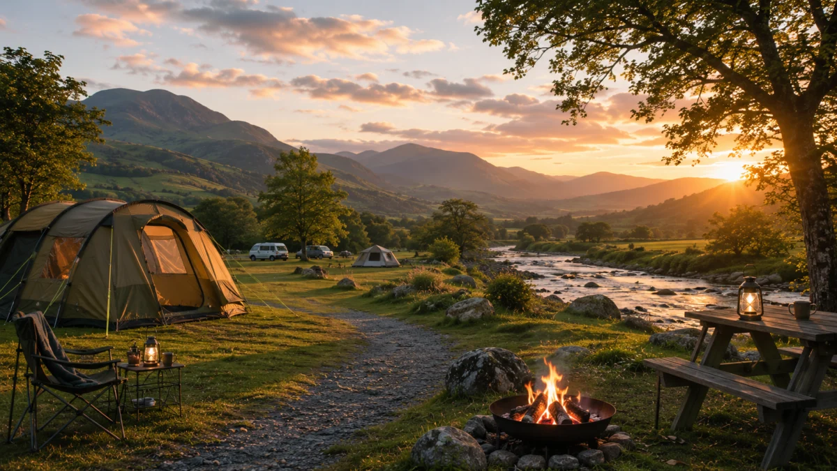 Campsite illustration showing pitches and facilities layout
