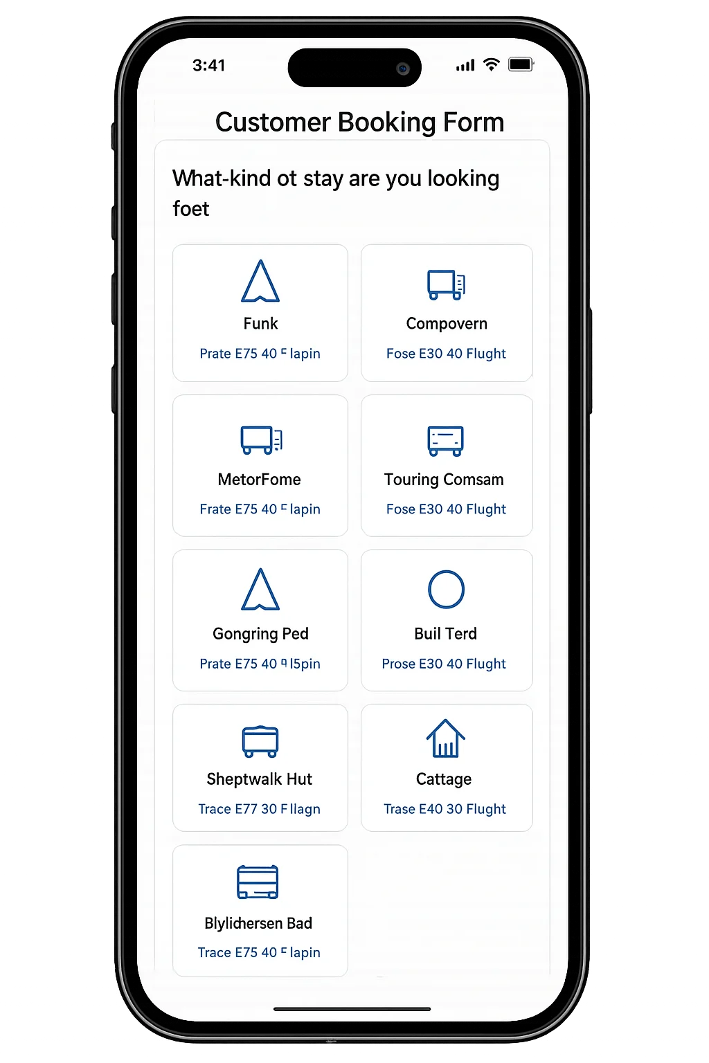 Phone mockup showing the campsite customer booking form with stay options
