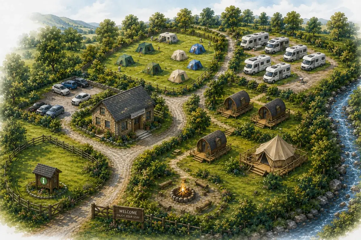 Illustrated aerial view of a leafy campsite with tents, caravans and winding paths