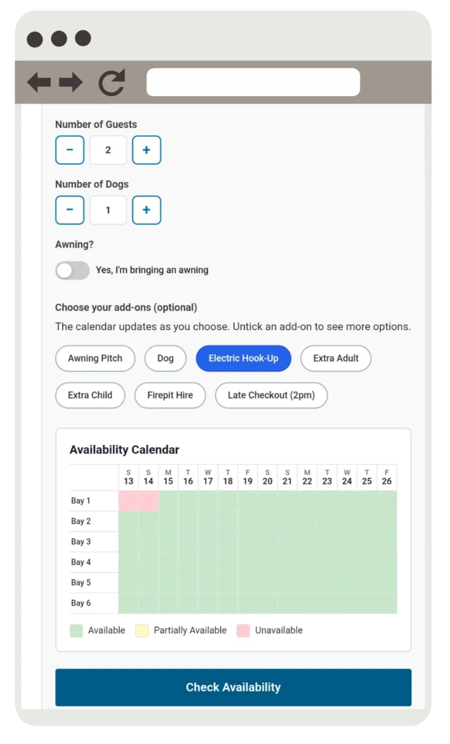 Motorhome pitch booking screen showing availability calendar and booking options