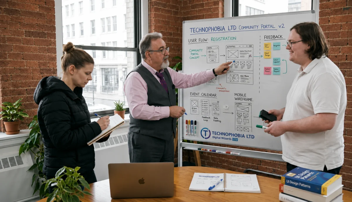 Technophobia team working at a whiteboard during a planning session