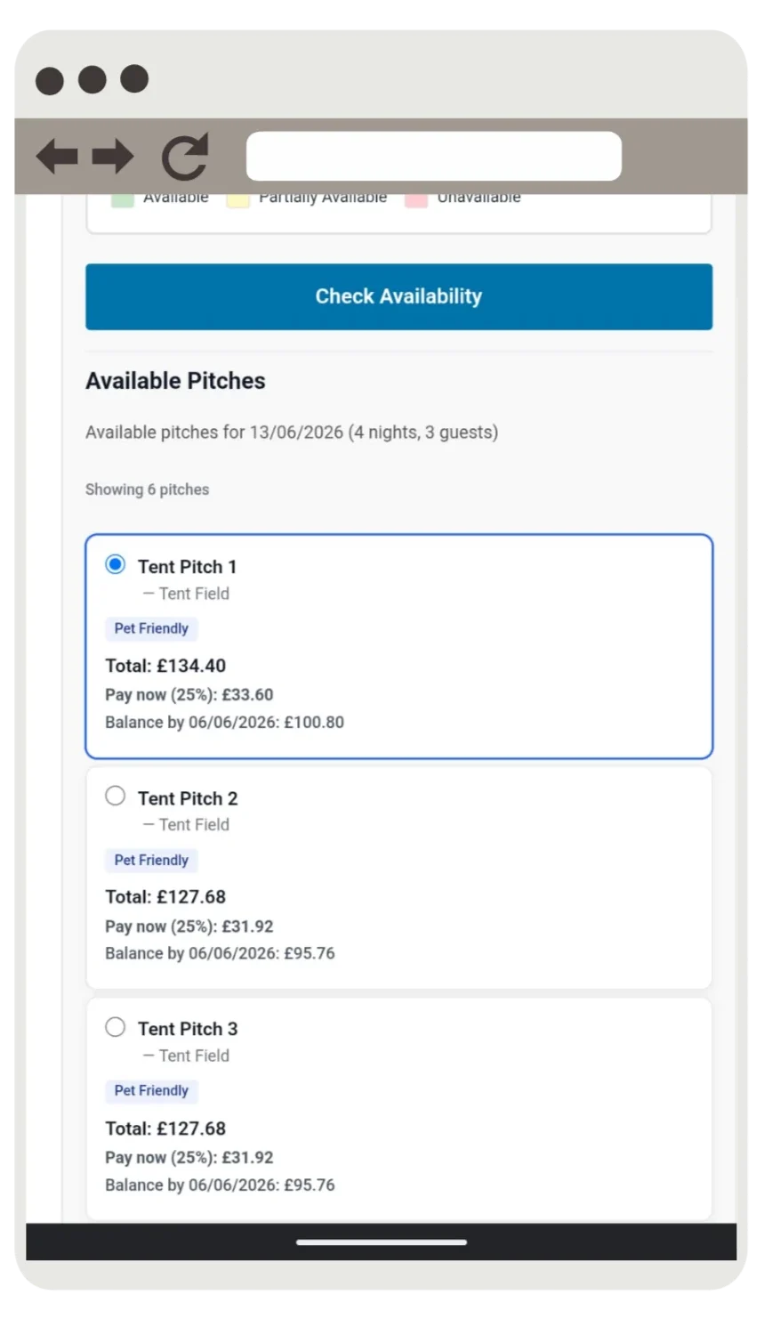 Tent pitch booking interface showing date selection and pitch availability