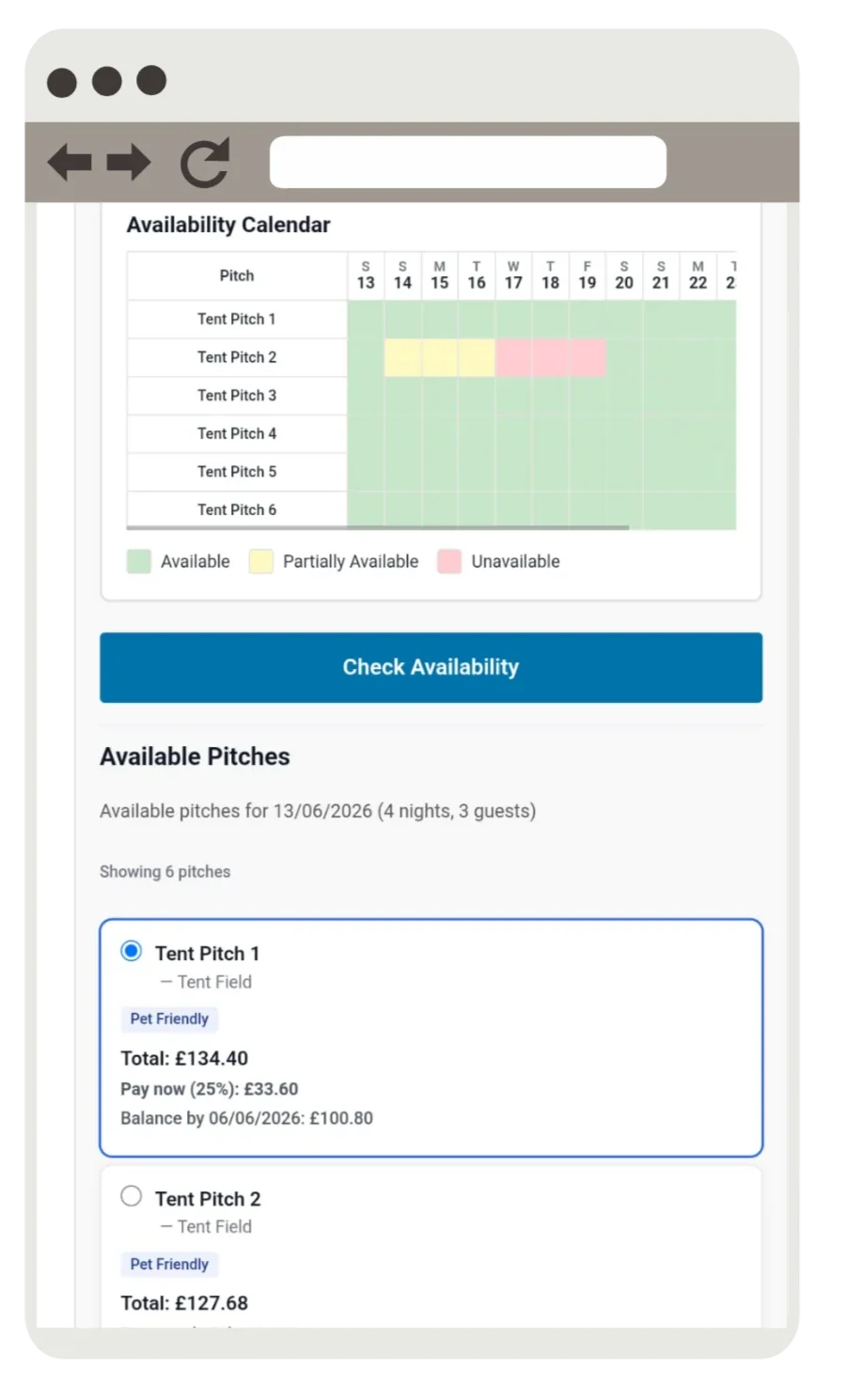 Tent pitch booking screen showing pitch selection and availability