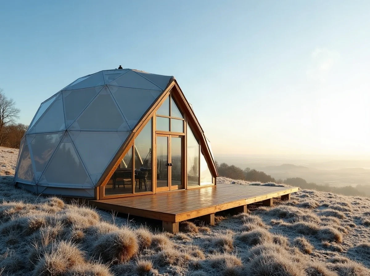A geodesic glamping dome on a frosty hillside in winter light