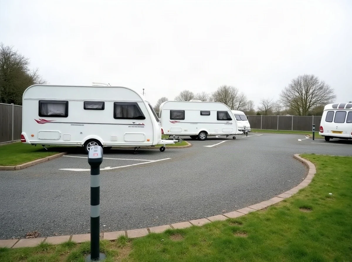 A touring caravan on a gravel hardstanding pitch with an electric hook-up bollard