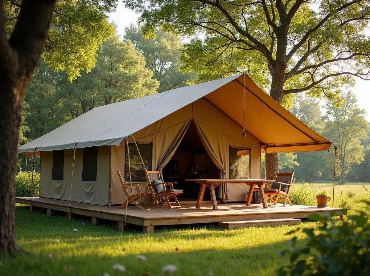 A canvas safari lodge tent on a raised platform with a covered veranda