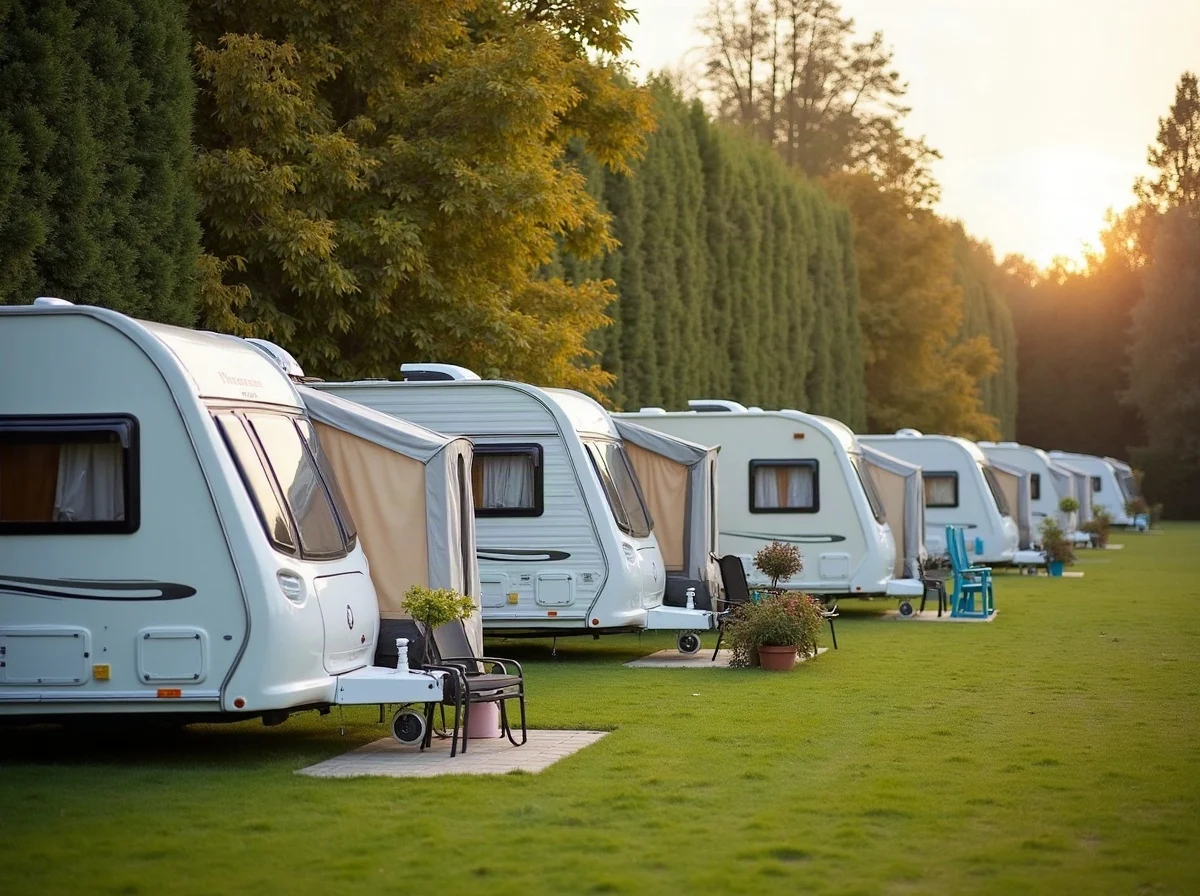A row of seasonal touring caravans with awnings, patios and planters
