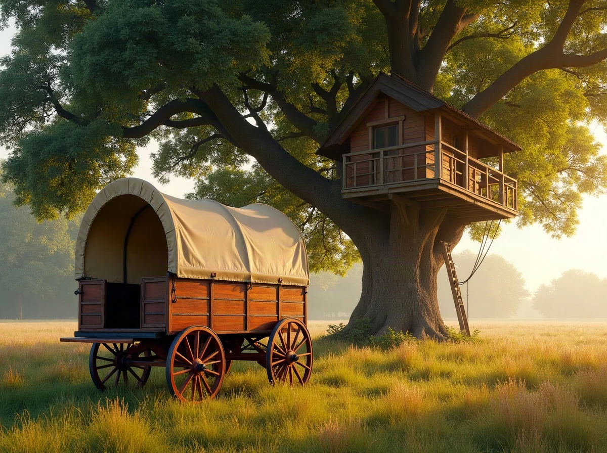 A painted gypsy wagon on grass with a timber treehouse in an oak behind