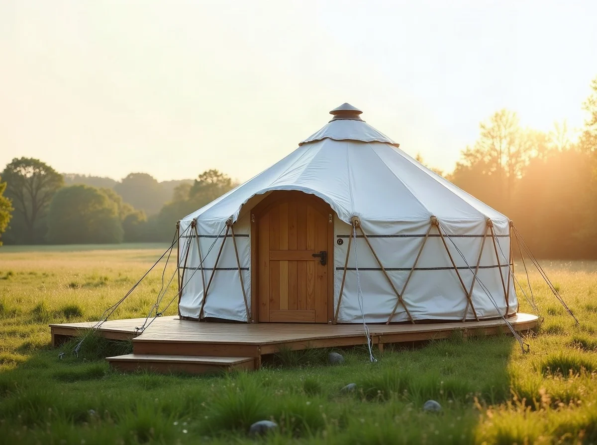 A canvas yurt with a chimney flue on a timber deck in a meadow