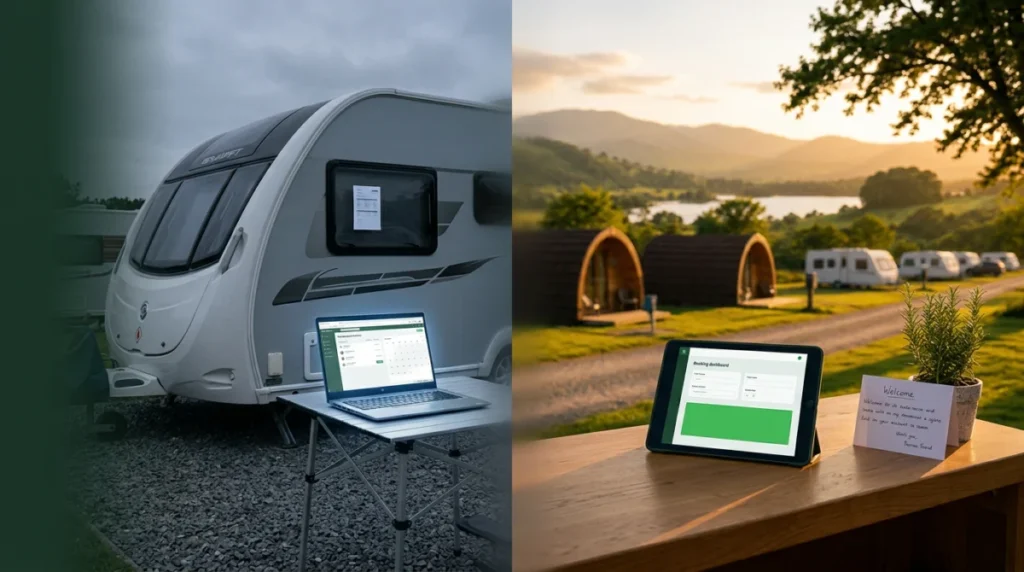 Campsite booking dashboard on a laptop beside a caravan and on a tablet overlooking glamping pods