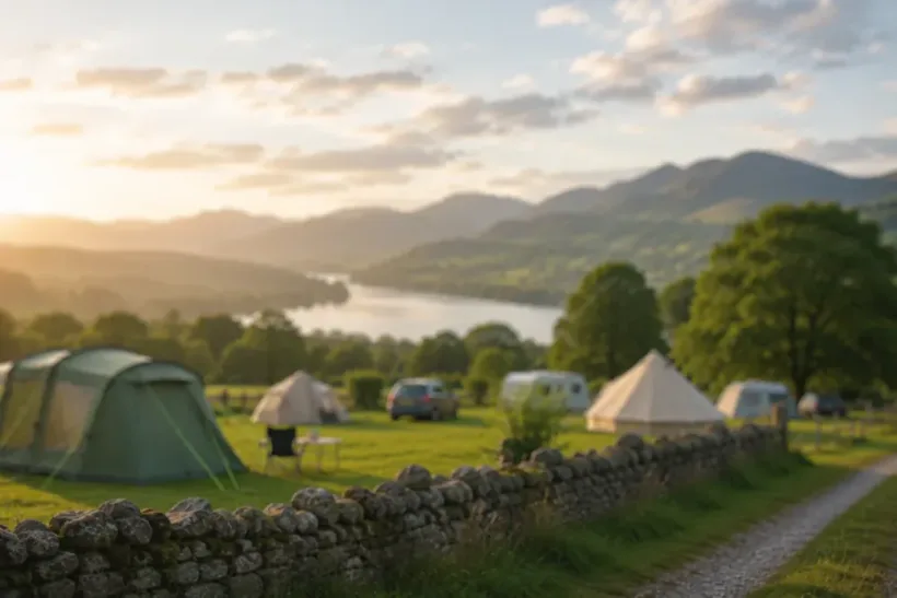 Tent pitched at a campsite with green surroundings