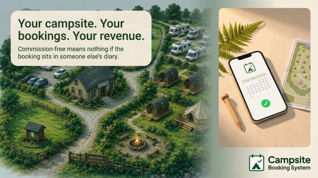 Your campsite, your bookings, your revenue: a campsite map beside a phone showing a confirmed booking